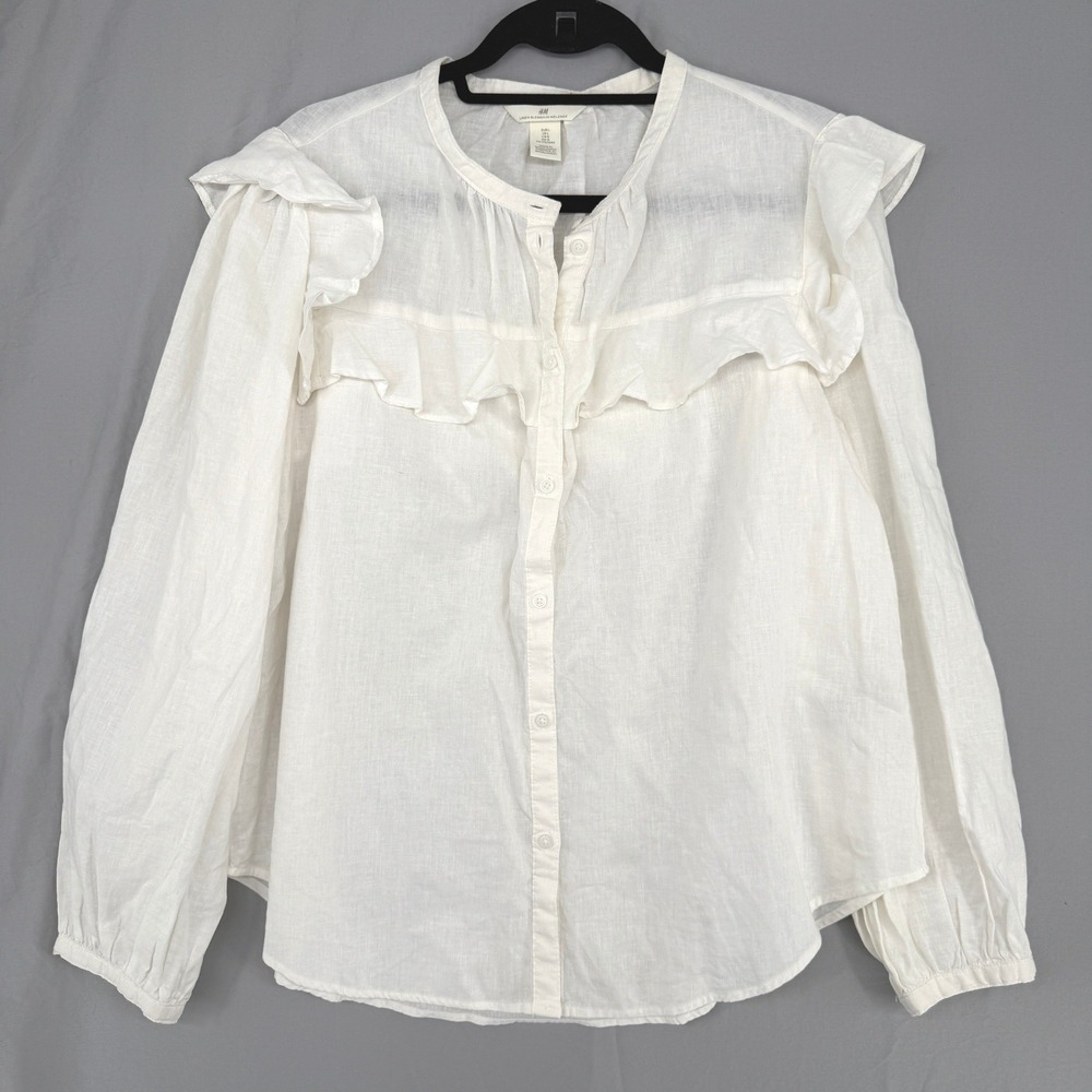 HM White Linen Blend Ruffle Button Front‎ Blouse Long Sleeve Top Large